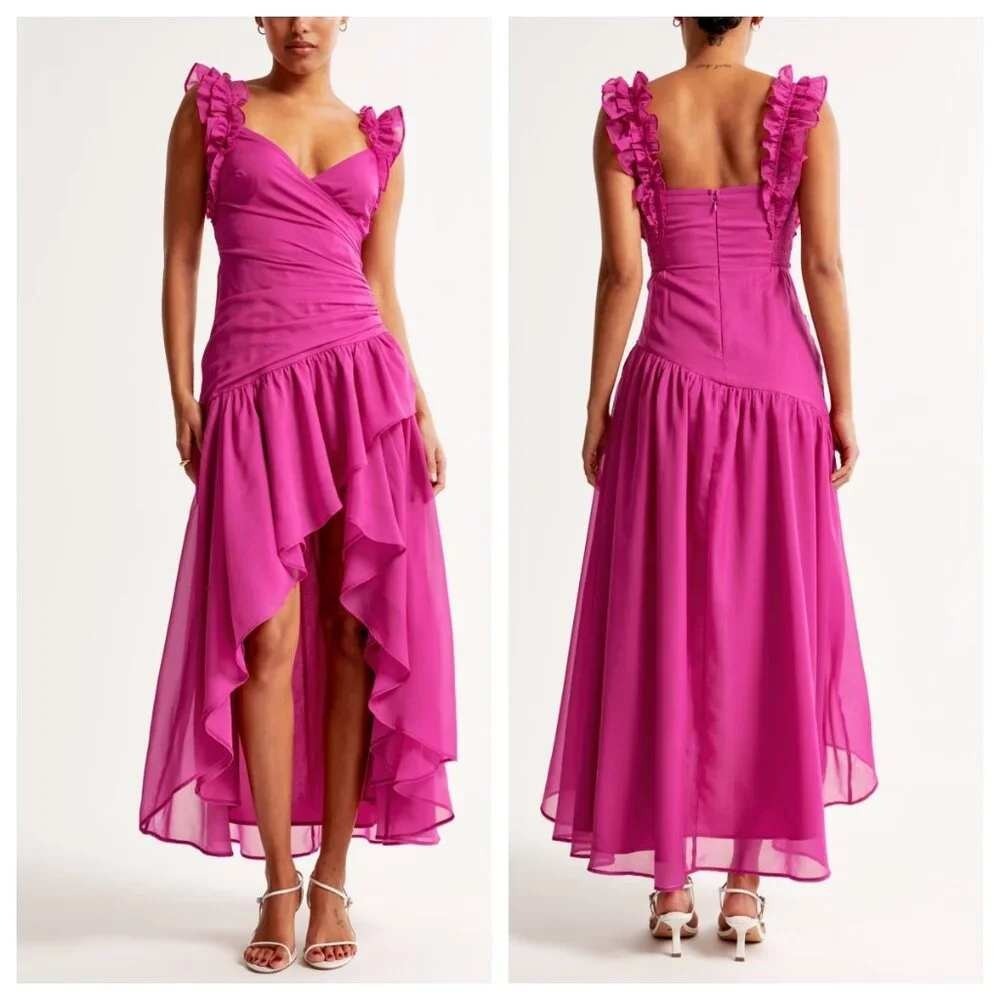 New NWT Abercrombie & Fitch Magenta Ruffled Strap Tiered Hi Low Maxi Dress - XS